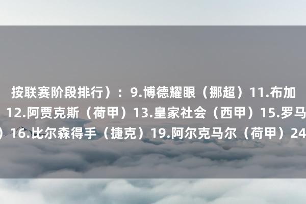 按联赛阶段排行）：　　9.博德耀眼（挪超）　　11.布加勒斯特星（罗马尼亚）　　12.阿贾克斯（荷甲）　　13.皇家社会（西甲）　　15.罗马（意甲）　　16.比尔森得手（捷克）　　19.阿尔克马尔（荷甲）　　24.费内巴切（土超）体育录像/图片